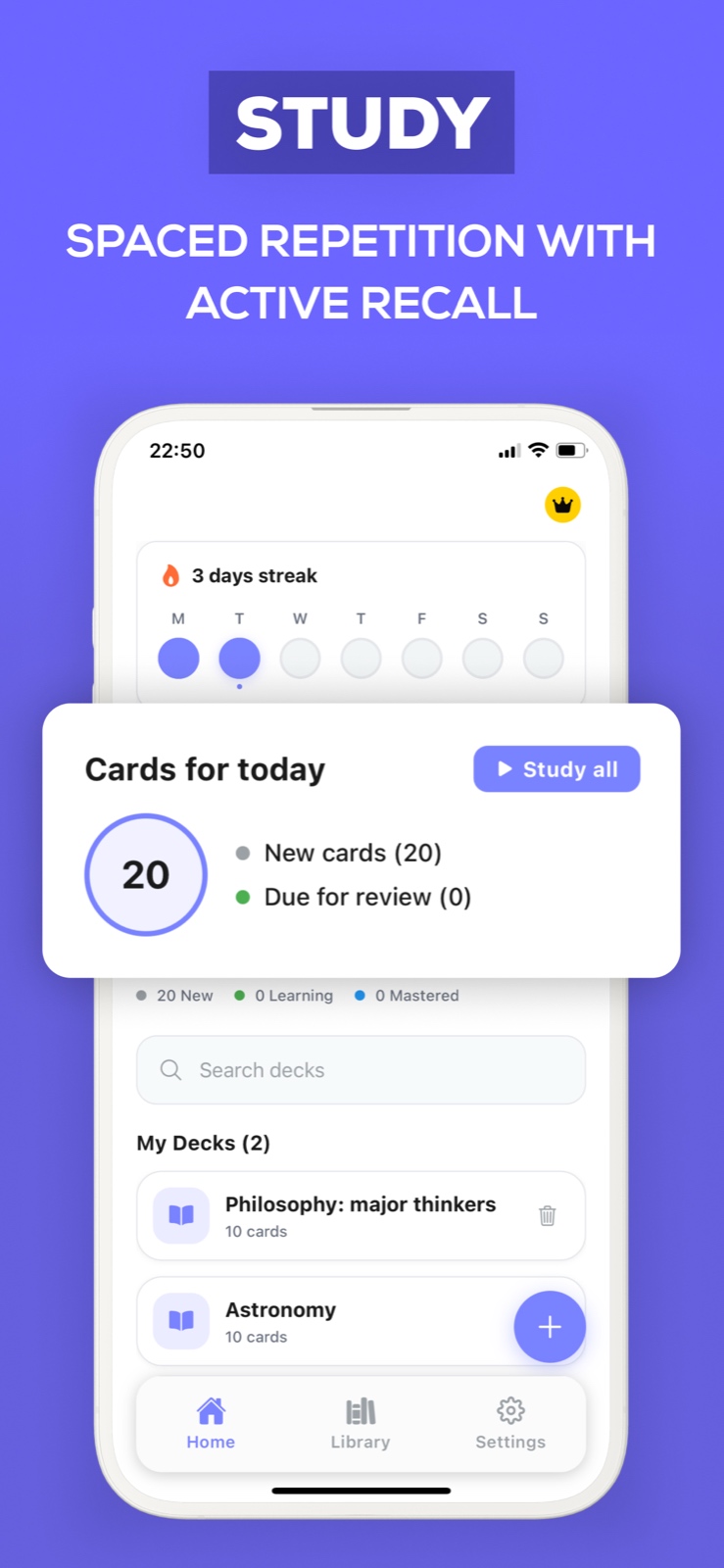 Flashcards Maker iOS app showing spaced repetition algorithm